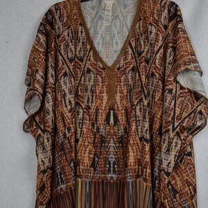 Chico’s Rust Aztec Boho Print Short Sleeve Top Beaded Front Size S/M